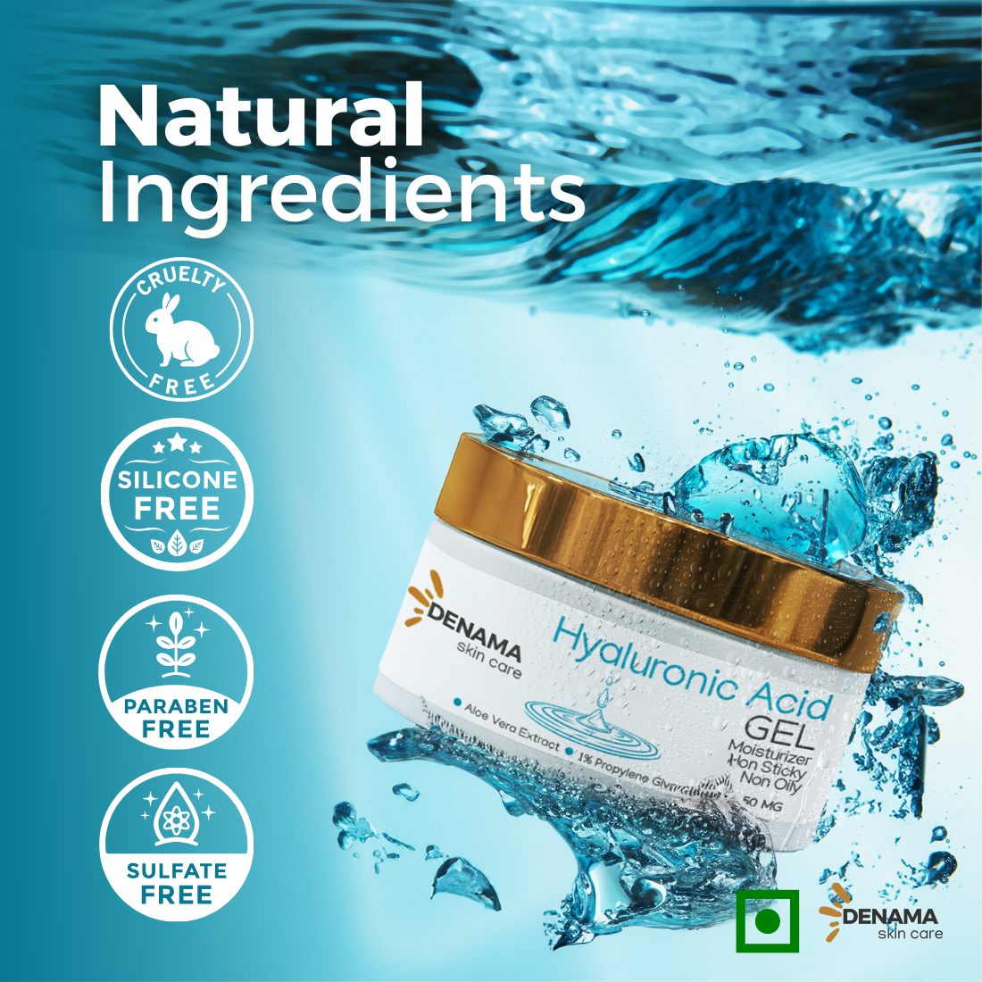DENAMA Hyaluronic Acid Moisturizer Gel - Non-Sticky, Non-Oily Formula for Men & Women | 1% Hyaluronic Acid