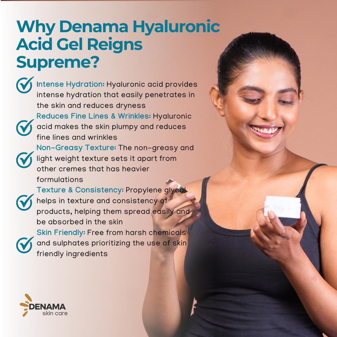 DENAMA Hyaluronic Acid Moisturizer Gel - Non-Sticky, Non-Oily Formula for Men & Women | 1% Hyaluronic Acid